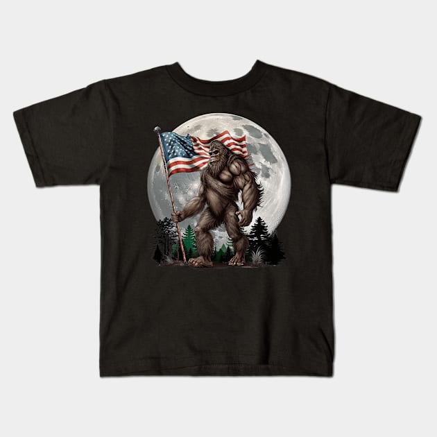 Bigfoot Sasquatch American Flag Full Moon Patriotic Kids T-Shirt by marchizano